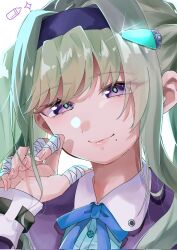  1girl bandaged_fingers bandages birthday blue_bow blue_bowtie bow bowtie close-up commentary_request e69465 green_hair hairband happy_birthday heaven_burns_red highres looking_at_viewer mole mole_under_mouth murofushi_risa upper_body violet_eyes 