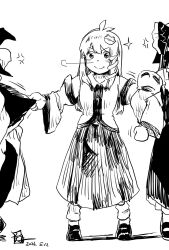  3girls blush bow closed_mouth clothes_grab commentary_request detached_sleeves frilled_bow frilled_skirt frills frog_hair_ornament full_body greyscale hair_ornament hakurei_reimu hat hat_bow highres kirisame_marisa kochiya_sanae kokechankokko locked_arms long_hair looking_at_viewer monochrome multiple_girls ribbon-trimmed_sleeves ribbon_trim shoes skirt smile snake_hair_ornament socks solo_focus touhou vest witch_hat 