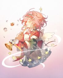  1girl :d absurdres animal_ears arknights bow braid braided_hair_rings cat_ears cat_girl chinese_commentary closed_eyes commentary_request cropped_torso goldenglow_(arknights) goldenglow_(maiden_for_the_bright_night)_(arknights) gradient_background green_bow hair_bow hair_rings hairband highres holding holding_instrument holding_trumpet instrument medium_hair mizuki_(arknights) open_mouth pepe_(arknights) pink_background pink_hair playing_instrument red_hairband red_sweater san_ye_qiu_lai_huanghua_luo skirt smile solo sparkle star_(symbol) sweater trumpet white_skirt 