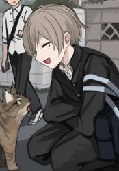  2boys ahoge bag black_bag black_jacket black_pants blonde_hair cat cellphone closed_mouth collared_jacket collared_shirt commentary_request crossed_arms eyes_out_of_frame facing_another feet_out_of_frame from_side full_body hand_up head_out_of_frame highres holding holding_phone jacket looking_at_another male_focus mole mole_under_eye multiple_boys open_mouth original outdoors pants phone school_uniform shirt shoes short_hair smartphone smile sneakers squatting sunaba_(nczd5875) surprised white_shirt white_shoes 