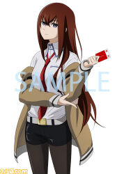  1girl anime_coloring arm_belt artist_request belt black_pantyhose black_shorts breast_pocket breasts brown_hair collared_shirt frown hair_between_eyes hair_over_shoulder hand_on_own_elbow holding jacket jacket_partially_removed leather_belt looking_at_viewer lowres makise_kurisu necktie official_art pantyhose pantyhose_under_shorts pocket promotional_art purple_trim red_necktie sample_watermark science_adventure shirt shorts small_breasts smile solo steins;gate violet_eyes watermark white_belt white_shirt 