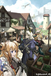  3girls animal_ears arknights artist_name belly belt blonde_hair blue_eyes braid closed_eyes clouds commentary_request gloves high_collar highres horns irene_(arknights) irene_(the_adjudicatrix_and_her_resolve)_(arknights) kroos_(arknights) kroos_the_keen_glint_(arknights) kroos_the_keen_glint_(the_apprentice_and_her_aura)_(arknights) kuroinu9 leizi_(arknights) leizi_(the_archivist_and_her_pilgrimage)_(arknights) market multiple_girls navel scar scar_across_eye scar_on_face sky standing town white_hair 