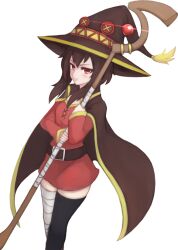  1girl asymmetrical_legwear bandaged_leg bandages belt black_thighhighs breasts brown_belt brown_capelet brown_hair brown_hat capelet commentary dress hat holding holding_staff kono_subarashii_sekai_ni_shukufuku_wo! light_blush looking_at_viewer mage_staff masou megumin mismatched_legwear pout red_dress red_eyes short_dress short_hair sidelocks single_thighhigh small_breasts solo staff thigh-highs two-handed white_background witch_hat yellow_trim 