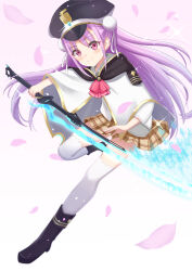  1girl absurdres black_capelet black_hat capelet commentary_request floating_hair hat heaven_burns_red highres holding holding_sword holding_weapon kosyou21057 kunimi_tama long_hair looking_at_viewer military_rank_insignia pink_eyes sword thigh-highs weapon white_thighhighs 