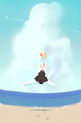  1girl ball beach beachball black_one-piece_swimsuit blue_sky body_fur cat_girl closed_eyes clouds cloudy_sky cocri commentary_request cumulonimbus_cloud day dress_swimsuit full_body furry furry_female highres jumping no_lineart ocean one-piece_swimsuit original outdoors paw_print princess_koyuki_(cocri) sky solo swimsuit tail white_fur white_hair wide_shot 