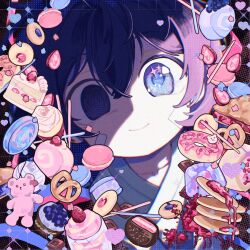  1girl blue_eyes blue_hair cake candy chihuo_pinpan chinese_commentary closed_mouth collarbone commentary_request cookie doughnut english_commentary film_grain food fruit gummy_bear hair_between_eyes happy_sugar_life heart highres koube_shio looking_at_viewer macaron mixed-language_commentary portrait pretzel short_hair smile solo strawberry strawberry_shortcake 