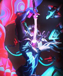  1boy arms_up artist_name blue_hair body_markings colored_skin dottore_(genshin_impact) drawing_sword electricity english_commentary evil_smile eye_mask floating genshin_impact glowing glowing_sword glowing_weapon head_tilt highres holding holding_sword holding_weapon human_scabbard katana light_particles littleredhoodd mask mechanical_arms mitsudomoe_(shape) multicolored_skin musou_isshin_(genshin_impact) official_alternate_costume open_mouth parted_bangs scene_reference smile solo spoilers sword tomoe_(symbol) twitter_username upper_body wavy_hair weapon 