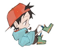  1boy backwards_hat baseball_cap black_hair black_shorts blue_hoodie blue_socks commentary flcl full_body green_shoes hands_in_pockets hat highres hood hood_down hoodie male_focus nandaba_naota ni_(nimame629) red_hat shoes short_hair shorts simple_background socks solo white_background 