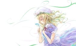  1girl blonde_hair bow check_commentary closed_eyes collared_dress commentary_request contrast_collar dress flower flower_request frilled_shirt_collar frilled_sleeves frills hand_on_own_chest hat highres holding holding_flower long_hair maribel_hearn mob_cap neck_ribbon open_mouth petals puffy_short_sleeves puffy_sleeves purple_dress red_ribbon ribbon sash short_sleeves solo tears touhou uwazumi waist_bow white_background white_bow white_hat white_sash wind 