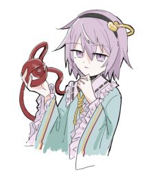  1girl black_hairband blue_shirt collared_shirt commentary_request disembodied_linked_eye eyeball frilled_shirt_collar frilled_sleeves frills hair_ornament hairband heart heart_hair_ornament komeiji_satori long_sleeves looking_at_viewer medium_hair pink_eyes pink_hair ribbon-trimmed_collar ribbon_trim shirt simple_background solo touhou upper_body white_background wide_sleeves yatsushiki_shigi 