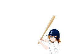  1girl anime_coloring baseball baseball_bat baseball_helmet baseball_uniform batting_stance blue_eyes blush brown_hair closed_mouth commentary_request hands_up helmet highres holding holding_baseball_bat kosaka_honoka looking_at_viewer love_live! love_live!_school_idol_project medium_hair negative_space official_art saitama_seibu_lions shirt short_sleeves solo sportswear transparent_background upper_body white_shirt 