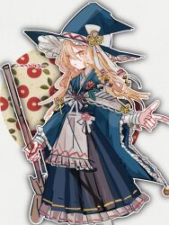  1girl alternate_costume apron blonde_hair blue_hat blue_kimono bow braid broom commentary_request hat hat_bow highres holding holding_broom japanese_clothes kimono kirisame_marisa long_hair looking_at_viewer open_mouth side_braid single_braid sketch solo touhou waist_apron white_apron witch_hat yatsushiki_shigi yellow_eyes 