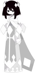  1girl black_hair cape capelet crystal_hair_ornament diamond_(shape) diamond_hair_ornament dress etihw_(funamusea) floating_headgear full_body funamusea funamusea_(artist) grey_cape grey_eyes haiiro_teien headgear light_smile long_dress long_sleeves official_art robe short_hair simple_background solo standing white_background white_capelet white_dress wide_sleeves 