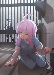  2girls ahoge blue_archive blue_pants blue_shirt closed_eyes commentary_request halo highres hudeako kaya_(blue_archive) kaya_(prison)_(blue_archive) layered_sleeves long_hair long_sleeves multiple_girls official_alternate_costume pants pink_hair prison_clothes shirt short_over_long_sleeves short_sleeves yellow_halo 