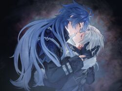  2boys black_capelet black_gloves blonde_hair blue_eyes blue_hair blush capelet coat dark_background earrings eye_contact face-to-face fififi_mmm flins_(genshin_impact) fur-trimmed_coat fur-trimmed_sleeves fur_trim genshin_impact gloves gradient_hair hair_between_eyes hand_on_another's_head height_difference highres hug illuga_(genshin_impact) imminent_kiss jewelry long_hair long_sleeves looking_at_another male_focus multicolored_hair multiple_boys parted_lips single_earring two-tone_hair upper_body vision_(genshin_impact) yellow_eyes 