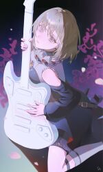  1girl bang_dream! bang_dream!_it's_mygo!!!!! bare_shoulders black_dress blonde_hair breasts commentary doloris_(bang_dream!) dress guitar highres holding holding_guitar holding_instrument instrument long_sleeves looking_at_viewer medium_breasts medium_hair misumi_uika parted_lips sedith_cd solo untranslatable_commentary violet_eyes 