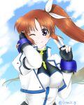  1girl ;) bangs blue_eyes blue_sky brown_hair closed_mouth clouds cloudy_sky cropped_jacket dated day dress hair_ribbon hand_in_own_hair high_collar highres jacket juliet_sleeves leonis_g long_hair long_sleeves looking_at_viewer lyrical_nanoha magical_girl one_eye_closed outdoors puffy_sleeves ribbon side_ponytail sky smile solo takamachi_nanoha twitter_username v valentine white_dress white_jacket white_ribbon wind 