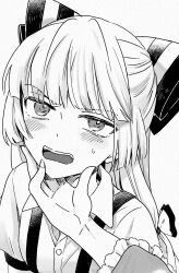  2girls blush bow commentary female_pov fujiwara_no_mokou greyscale hair_bow hand_on_another's_chin highres houraisan_kaguya long_hair looking_at_viewer monochrome multiple_girls open_mouth pov satou_memeko simple_background small_sweatdrop touhou upper_body v-shaped_eyebrows white_background yuri 