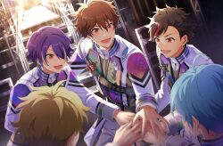  5boys ahoge black_hair blonde_hair blue_hair brown_eyes brown_hair commentary_request ensemble_stars! fingernails hair_between_eyes hair_over_one_eye highres kindo long_sleeves lower_teeth_only male_focus morisawa_chiaki multicolored_hair multiple_boys nagumo_tetora official_alternate_costume one_eye_covered open_hand open_mouth orange_eyes purple_hair red_hair ryuseitai_(ensemble_stars!) sengoku_shinobu shinkai_kanata short_hair smile stairs star_(symbol) streaked_hair takamine_midori teeth two-tone_hair yellow_eyes 