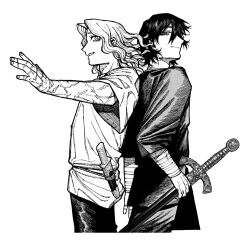  2boys centuria_(manga) commentary_request dagger facing_to_the_side hair_between_eyes highres julian_(centuria) knife kuramori_tohru looking_at_viewer lukas_(centuria) male_focus medium_hair monochrome multiple_boys multiple_scars official_art parted_hair scabbard scar scar_on_arm scar_on_hand sheath sheathed short_hair sword weapon 