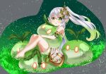  1girl absurdres ass bangs barefoot commentary detached_sleeves doll_hug from_side genshin_impact gradient_hair green_eyes grey_hair hair_between_eyes hair_ornament highres jineko_nyaan knees_up kusanali_(genshin_impact) long_hair looking_at_viewer looking_to_the_side multicolored_hair object_hug parted_lips pointy_ears short_sleeves side_ponytail sidelocks simple_background sitting slime_(genshin_impact) symbol-shaped_pupils two-tone_hair 
