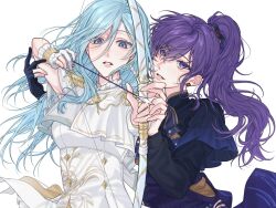  2girls archery_shooting_glove asahina_mafuyu blue_eyes blue_hair bow_(weapon) capelet commentary dress english_commentary glint gloves highres hinomori_shizuku holding holding_bow_(weapon) holding_hands holding_weapon looking_at_viewer multiple_girls official_alternate_costume parted_lips partially_fingerless_gloves plaifah_kj ponytail project_sekai purple_hair second-party_source simple_background teaching upper_body weapon white_background white_capelet white_dress yumihike_shiro_no_sekai_de_(project_sekai) 