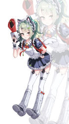  1girl :t absurdres animal_ear_hairband animal_ears bag bell black_dress black_garter_straps cat_ear_hairband cat_ears commentary drawppyo dress fake_animal_ears garter_straps green_eyes green_hair green_nails hair_ornament hairband hand_on_own_hip highres holding holding_megaphone leaning_forward looking_at_viewer maid maid_headdress megaphone neck_bell official_alternate_costume pout red_bag shoes simple_background solo sunna_(afternoon_tea_break)_(zenless_zone_zero) sunna_(zenless_zone_zero) triangle_hair_ornament white_background white_wings winged_bag wings zenless_zone_zero zoom_layer 