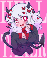  bano_akira black_horns black_jacket blush breasts bright_pupils demon_girl demon_horns demon_tail drooling heart heart-shaped_pupils helltaker horns jacket large_breasts long_hair looking_at_viewer modeus_(helltaker) open_mouth pink_background red_sweater ribbed_sweater smile sweater symbol-shaped_pupils tail turtleneck turtleneck_sweater white_hair white_pupils 