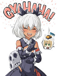  2girls 30_minutes_sisters blush board_eraser cleavage_cutout clothing_cutout commentary_request covered_navel dark-skinned_female dark_skin english_text gloves headgear highres ilshana_(30ms) index_finger_raised laughing medium_hair multiple_girls pointing sharp_teeth simple_background skull solo_focus speech_bubble tearing_up teeth tiasha_(30ms) uemukai_dai upper_body upper_teeth_only white_background white_hair 