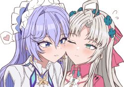 2girls absurdres aqua_eyes atoz_(pixiv_29677618) blue_flower blush bow cantarella_(wuthering_waves) carlotta_(wuthering_waves) dress facial_mark flower hair_bow hair_flower hair_ornament hairband headdress highres long_hair mark_under_eye multiple_girls parted_bangs pink_bow pink_hairband purple_hair shrug_(clothing) striped_bow white_dress white_shrug wuthering_waves yuri 