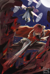  1boy 1girl axe bandages black_jacket black_pants commentary_request fern_(sousou_no_frieren) fighting floating hair_between_eyes highres holding holding_axe holding_staff jacket long_hair mage_staff magic magic_circle night pants purple_hair red_hair red_jacket robe short_hair sky sousou_no_frieren staff star_(sky) stark_(sousou_no_frieren) starry_sky tomorrow4431 white_robe 