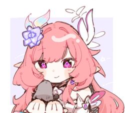  2girls border commentary_request cyrene_(demiurge)_(honkai:_star_rail) cyrene_(honkai:_star_rail) diamond-shaped_pupils diamond_(shape) earrings flower grey_background grey_hair hair_flower hair_ornament holding holding_mini_person honkai:_star_rail honkai_(series) jewelry long_hair mini_person multiple_girls pachikuri_(udon_zaru) pink_hair pointy_ears smile stelle_(honkai:_star_rail) symbol-shaped_pupils trailblazer_(honkai:_star_rail) very_long_hair violet_eyes white_border 
