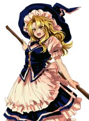  1girl absurdres apron blonde_hair blue_hat blue_skirt blue_vest broom commentary_request frilled_skirt frills hat highres holding holding_broom kirisame_marisa kuya_(hey36253625) long_hair looking_to_the_side open_mouth puffy_short_sleeves puffy_sleeves shirt short_sleeves simple_background skirt solo teeth touhou upper_teeth_only urban_legend_in_limbo vest white_apron white_background white_shirt witch_hat yellow_eyes 