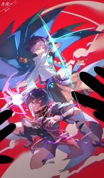  2boys aqua_gem arm_up armor belt black_belt black_bodysuit black_bow black_kimono black_sandals black_shorts blue_cape blue_eyes blue_kimono blue_sleeves blunt_ends body_markings bodysuit bow bridal_gauntlets cape choppy_bangs clothing_cutout colored_inner_hair commentary dual_persona english_commentary feathers furisode gem genshin_impact glowing_markings grey_bridal_gauntlets grin hair_intakes hakama hakama_shorts highres hip_vent incoming_attack japanese_armor japanese_clothes juban kimono kote kurokote layered_sleeves leg_warmers looking_at_viewer mandarin_collar multicolored_hair multiple_boys open_clothes open_kimono pleated_shorts pom_pom_(clothes) pov pov_hands ppy4686 purple_electricity purple_hair purple_rope purple_sash red_background red_kimono red_sash rope sandals sash scaramouche_(genshin_impact) shimenawa short_sleeves shorts side_cape smile smirk smoke stirrup_legwear tassel toeless_legwear twitter_username wanderer_(genshin_impact) white_kimono white_leg_warmers white_rope white_sleeves wide-eyed wind yellow_feathers zouri 