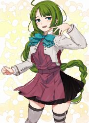  1girl ahoge aqua_bow aqua_bowtie blazer blue_eyes bow bowtie braid commentary_request contrapposto cowboy_shot dress green_hair grey_jacket grey_thighhighs highres jacket kanmiya_shinobu kantai_collection long_hair looking_at_viewer mole mole_under_mouth purple_dress single_braid smile solo thigh-highs very_long_hair yuugumo_(kancolle) yuugumo_kai_ni_(kancolle) 