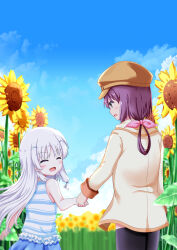  2girls :d ^_^ absurdres blue_skirt blue_sky blush bow brown_hat child closed_eyes commentary_request cowboy_shot day facing_another field floating_hair flower flower_field frilled_shirt frills from_behind hair_between_eyes hair_bow hair_ornament hairclip happy hat highres holding_hands jacket long_hair looking_at_another low_ponytail multiple_girls nanami_(summer_pockets) naruse_shiroha newsboy_cap open_mouth outdoors pink_bow ponytail profile purple_hair sekibaracheice shirt skirt sky sleeveless sleeveless_shirt smile striped_clothes striped_shirt summer_pockets sunflower sunflower_field white_hair white_shirt yellow_jacket 