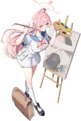  1girl absurdres ahoge bag black_shoes blue_archive blue_sailor_collar blush bongnom bow bowtie braid breasts collarbone easel full_body green_eyes hair_bow halo hanako_(blue_archive) highres huge_ahoge koharu_(blue_archive) large_breasts long_hair looking_at_viewer open_mouth paint_palette paintbrush pink_bow pink_bowtie pink_hair pink_halo pleated_skirt sailor_collar school_bag shirt shoes side_braid skirt socks solo thighs white_background white_shirt white_skirt white_socks 