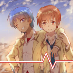  2boys ;d angel_beats! arm_around_neck backlighting blue_hair blue_necktie blue_sky chinese_commentary closed_mouth collared_shirt commentary_request day eyes_visible_through_hair furrowed_brow grin hair_between_eyes hand_on_another's_arm hinata_hideki hug jacket long_sleeves looking_at_viewer male_focus multiple_boys necktie one_eye_closed open_clothes open_jacket orange_eyes orange_hair otonashi_yuzuru outdoors projectbamboo shirt short_hair side-by-side sky smile suit_jacket upper_body v-shaped_eyebrows violet_eyes white_shirt yellow_jacket 