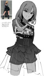  1girl commentary_request dated greyscale highres lilachinami looking_at_viewer medium_hair mole mole_above_mouth monochrome real_life reference_inset sasaki_rico_(voice_actor) shorts simple_background solo v voice_actor white_background 