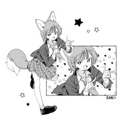  1girl animal_ear_fluff animal_ears blazer collared_shirt commentary_request fang fox_ears fox_girl fox_tail greyscale halftone highres index_finger_raised jacket loafers monochrome msmhato multiple_views necktie open_mouth original pleated_skirt pointing school_uniform shirt shoes short_hair sidelocks signature skirt socks solo standing tail traditional_media white_background 