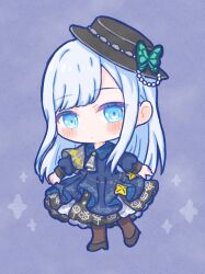  1girl black_hat black_shoes blue_dress blue_eyes blue_hair blush brown_pantyhose butterfly_hat_ornament chibi chibi_only closed_mouth commentary_request dress full_body hat hat_ornament high_heels long_hair long_sleeves looking_at_viewer oyasumirakko pantyhose parted_bangs project_sekai purple_background shoes sidelocks solo sparkle standing yoisaki_kanade 