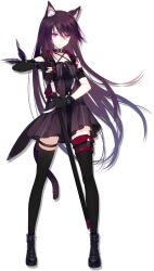  1girl animal_ear_fluff animal_ears arknights arm_tattoo armband asymmetrical_gloves bare_shoulders black_dress black_gloves black_hair black_thighhighs black_vest breasts cat_tail choker dress elbow_gloves fingerless_gloves full_body glaring gloves grey_background highres holding holding_sword holding_weapon holster infection_monitor_(arknights) long_hair melantha_(arknights) official_art pouch red_eyes serious simple_background small_breasts solo standing sword tachi-e tail tattoo thigh-highs thigh_holster thigh_strap third-party_source transparent_background uneven_gloves vest weapon yi_li_lizi zettai_ryouiki 