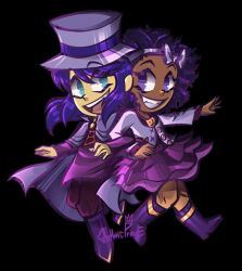  2girls :d a_hat_in_time alternate_color alternate_hair_color back-to-back blue_eyes boots bow bow_hairband bow_kid buttons cape child commentary curly_hair dark-skinned_female dark_skin english_commentary fang full_body gothiccprince grin hairband hat hat_kid hat_ribbon jacket knee_boots locked_arms long_sleeves looking_at_another looking_to_the_side medium_hair multiple_girls open_mouth pants ponytail purple_boots purple_bow purple_cape purple_hair purple_hairband purple_hat purple_jacket purple_pants purple_ribbon purple_skirt ribbon sidelocks signature simple_background skirt smile teeth top_hat upper_teeth_only violet_eyes zipper_pull_tab 
