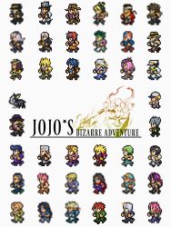  6+boys 6+girls battle_tendency beard blonde_hair blue_bodysuit blue_jacket bodysuit brown_hair bruno_bucciarati caesar_anthonio_zeppeli coat commentary commentary_request diamond_wa_kudakenai diavolo diego_brando dio_brando dual_persona emporio_alnino enrico_pucci enrico_pucci_(new_moon) ermes_costello facial_hair flattop foo_fighters_(jojo) fur_hat giorno_giovanna green_coat green_eyes green_hair green_headband green_shirt grey_hair guido_mista gyro_zeppeli hat headband higashikata_josuke highres hirose_koichi iggy_(jojo) jacket jean_pierre_polnareff johnny_joestar jojo_no_kimyou_na_bouken jonathan_joestar joseph_joestar joseph_joestar_(old) joseph_joestar_(young) kakyoin_noriaki kars_(jojo) kira_yoshikage kishibe_rohan kujo_jolyne kujo_jotaro leone_abbacchio lisa_lisa long_hair mashimaro_doter mohammed_avdol multiple_boys multiple_girls narancia_ghirga narciso_anasui nijimura_okuyasu pannacotta_fugo pants phantom_blood pink_eyes pink_hair pixel_art purple_hair red_hat robert_e._o._speedwagon shirt short_hair simple_background stardust_crusaders steel_ball_run stone_mask stone_ocean trish_una vento_aureo weather_report white_background white_coat white_pants will_anthonio_zeppeli yamagishi_yukako 
