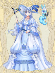  1girl blue_eyes bracelet braid breasts dairoku_ryouhei dress earrings folding_fan frilled_dress frills full_body grey_hair hand_fan hat hat_feather highres holding holding_mask jewelry jyuusimatu latinia_elletimber looking_at_viewer mask necklace small_breasts smile standing star_(symbol) star_necklace sun_hat white_hat wide_sleeves yellow_background 