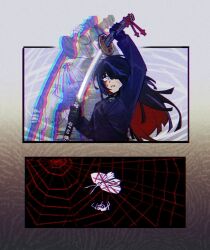  1girl afterimage black_gloves black_hair blood blood_on_face bug butterfly chayre5792 chromatic_aberration colored_inner_hair commentary dual_persona english_commentary gloves hair_over_one_eye holding holding_sword holding_weapon jacket limbus_company long_hair long_sleeves multicolored_hair ootachi parted_lips pinky_(identity)_(project_moon) project_moon purple_jacket purple_streaks red_eyes red_hair ryoshu_(project_moon) sheath silk spider spider_web streaked_hair sword unsheathing weapon wide-eyed 