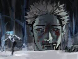  2boys commentary facial_mark itadori_yuji jujutsu_kaisen kryzpepin mahito_(jujutsu_kaisen) male_focus multiple_boys outdoors scar scar_on_face scar_on_mouth snow snowing spiky_hair undercut 