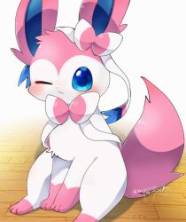  animal_focus blush closed_mouth commentary_request highres looking_at_viewer no_humans no_sclera one_eye_closed pokemon pokemon_(creature) pokemon_focus pon_(nurunuruparty26) sitting solo sylveon twitter_username wooden_floor 