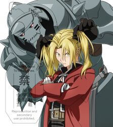  2boys ahoge alphonse_elric armor belt black_gloves black_jacket blonde_hair brothers brown_belt coat commentary crossed_arms edward_elric full_armor fullmetal_alchemist furrowed_brow gloves hands_in_another's_hair height_difference helm helmet highres horns jacket long_hair male_focus military_uniform multiple_boys okbdko123 plume red_coat red_eyes shoulder_spikes siblings single_horn spikes twintails untranslatable_commentary upper_body white_background white_gloves yellow_eyes 