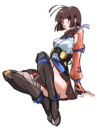  1girl ankle_strap antenna_hair arm_support armor armpit_crease armpit_cutout arms_at_sides bandaged_leg bandages blunt_ends blunt_sidelocks blush bob_cut boots breasts brown_boots brown_corset brown_hair brown_skirt choker closed_mouth clothing_cutout commentary_request convenient_leg corset expressionless framed_breasts full_body highres invisible_chair japanese_clothes jika-tabi knee_boots knee_pads knees_apart_feet_together knees_up koutetsujou_no_kabaneri long_sleeves looking_at_viewer medium_breasts miniskirt mumei_(kabaneri) pink_shrug poleyn purple_choker red_eyes sakai_animeta short_hair shrug_(clothing) sidelocks sideways_glance simple_background single_knee_pad sitting sketch skirt sleeve_garter solo underbust white_background 